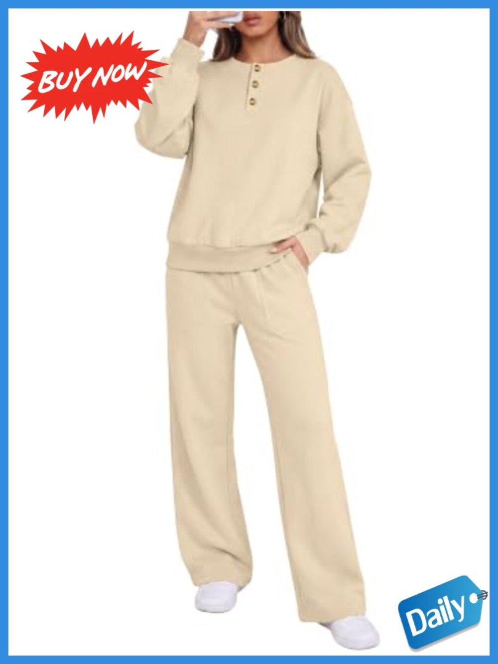 Women's 2 Piece Lounge Sweatsuit Set Loose Wide Leg Pullover Henley